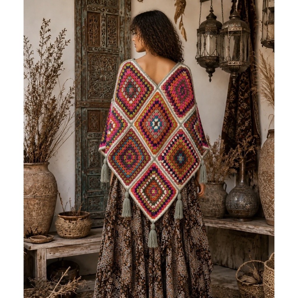 Cienna Designs Sunny Mosaic Crochet Knit Granny Square Poncho One Size Tassels